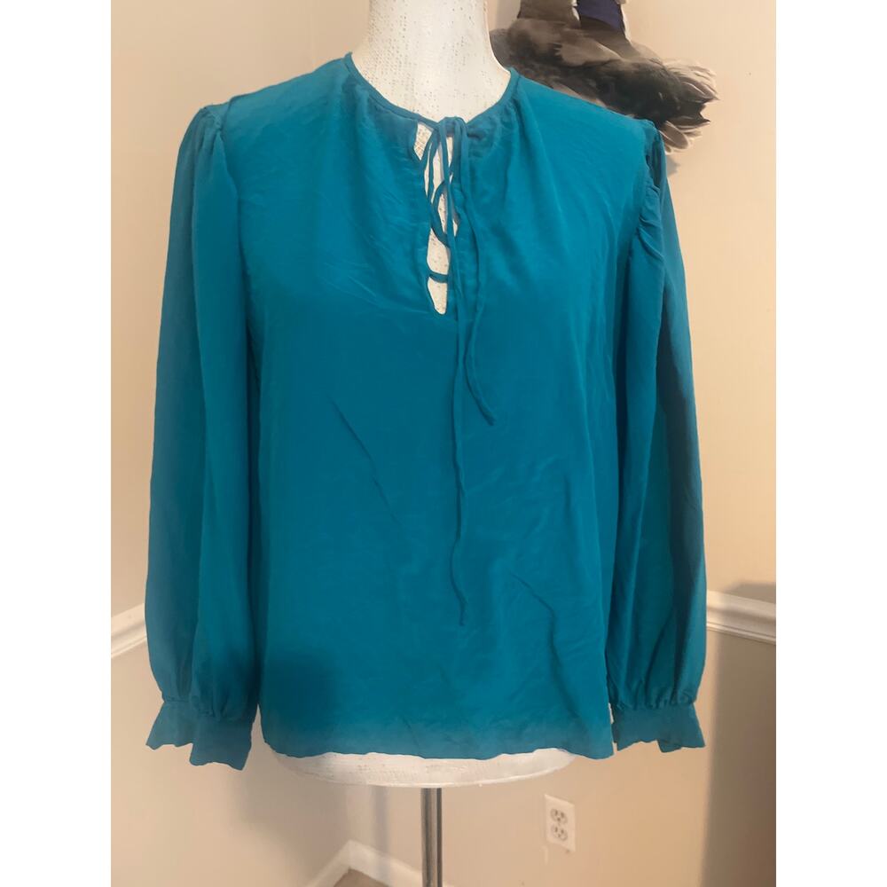 100% Silk Vintage Teal Blouse | Long Sleeve Tie Neck Top  | Size 14